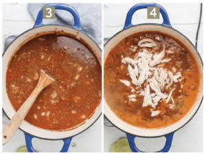 The soup with the chicken broth added. Another pot showing adding the carrots, peppers and chicken to the soup pot.
